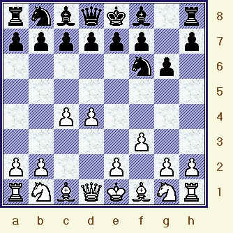 Anand counters Gelfand's hyper-modern set-up with a line that tries to discourage Black from playing the Grunfeld.  (FIDE_WCS__gm-8_diag03.jpg, 29 KB) 