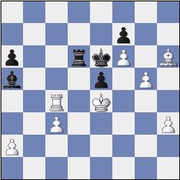 Two Pawns down, but Black has a lot of play. The White Bishop on h6 is totally out of it.  (gold-basa1_b44.jpg, approx. 15-20 KB avg.)