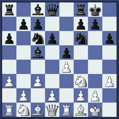     Both sides have developed in an accepted manner. But now Black plays a move that quickly runs him into trouble.  (opn_schl2_pos2.gif, 17 KB)     