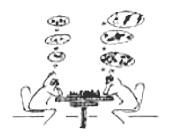    Different players think different thoughts at the board. (One player has mate and technical terms over his head. The other guy has pictures of knives, guns, hand grenades, etc. over his head.)  (sht-gms.gif, 05 KB)   