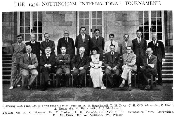    A reproduction of an old photograph of the participants of the tournament; Nottingham, 1936. (train_nott36.gif, 99 KB)     